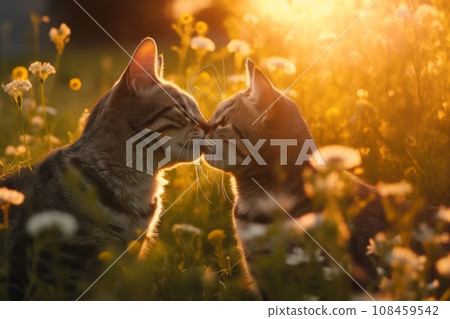 Cats kissing in a summer meadow on sunset.AI generated 108459542
