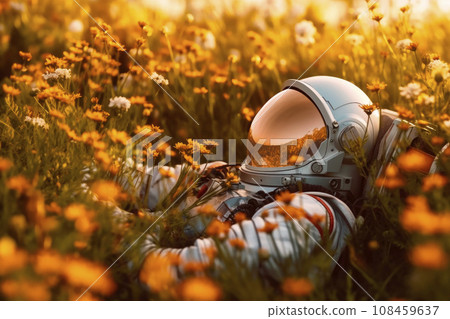 An astronaut laying down in the middle of wildflowers field.AI generated. An astronaut laying down in the middle of wildflowers field.AI generated. 108459637