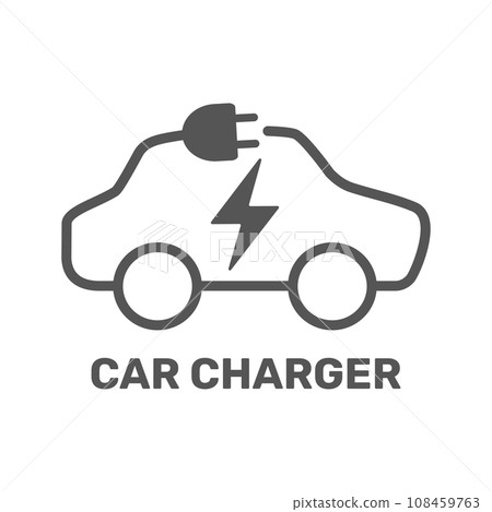 Electric car icon. Electric car charging station. Silhouette electric car in form of cable with plug. Vector Illustration. EPS 10 Electric car icon. Electric car charging station. Silhouette electric car in form of cable with plug. Vector Illustration. EPS 10 108459763