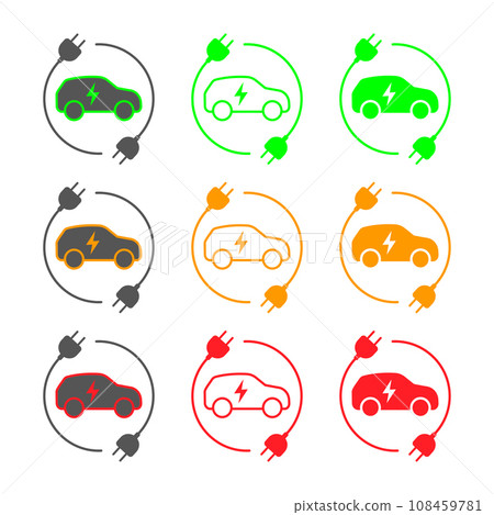 Icons of electric cars, vector. Side view of the electric vehicle. The indication of the battery level in the electric car Icons of electric cars, vector. Side view of the electric vehicle. The indication of the battery level in the electric car 108459781