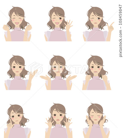 Illustration set 6 of women with various expressions (with gestures) 108459847