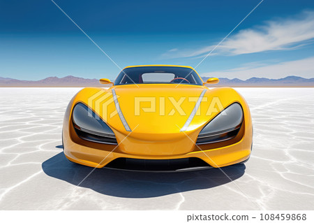 Futuristic yellow sports car on the on dried salt lake landscape. AI generated. 108459868