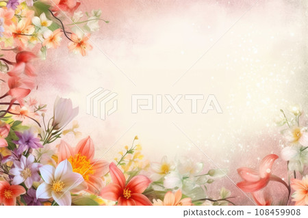 Beautiful greeting card with flowers bouquet frame border in watercolor hand painted style.AI generated. 108459908