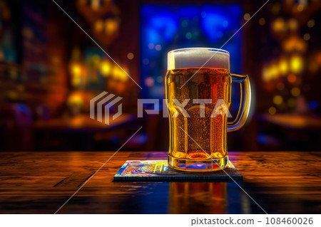Glass of beer on wooden table and dark interior of bar. AI generated. Glass of beer on wooden table and dark interior of bar. AI generated. 108460026