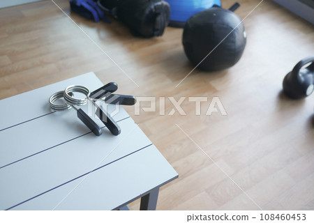 Gym Equipment or Dumbbell Kettlebell in a gym bench  108460453