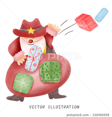 Cute Santa Claus dressed up in cowboy style looking for gifts inside Christmas gift bag 108460898