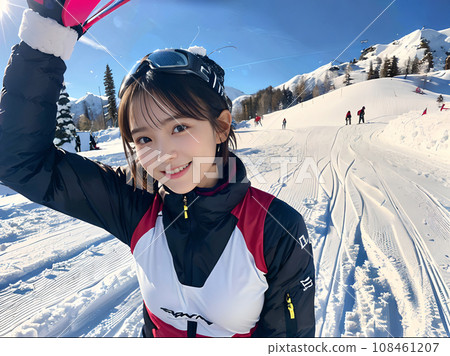 AI image: Smiling young woman at a ski resort with blue skies 108461207