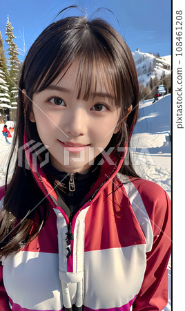 AI image: Smiling young woman at a ski resort with blue skies 108461208