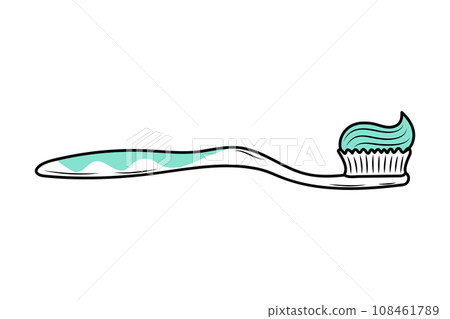 Toothbrush with toothpaste. Linear doodle illustration with blue shapes. Toothbrush with toothpaste. Linear doodle illustration with blue shapes. 108461789