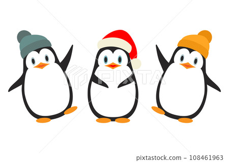 Vector illustration. Collection of cute little penguins in hats, isolated on white. Winter animal clipart in flat style. 108461963