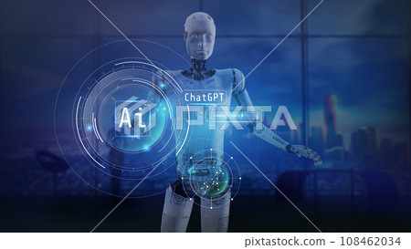 Fantastic plot with an artificial intelligence robot performing tasks. 108462034
