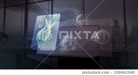 Vertical model of a human DNA spiral on a dark background, 3D rendering. Vertical model of a human DNA spiral on a dark background, 3D rendering. 108462040