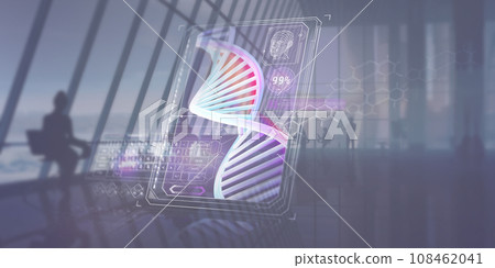 Glowing purple DNA strands on a dark gray background, 3D rendering. Glowing purple DNA strands on a dark gray background, 3D rendering. 108462041