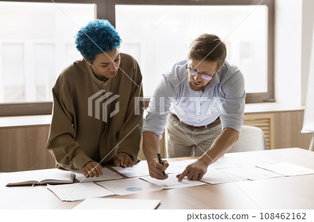 Busy young colleagues, business partners working on marketing strategy 108462162