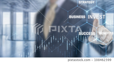 businessman push invest on virtual screen. businessman or trader showing growing virtual holographic stocks, invest in stock market trading or digital assets 108462399