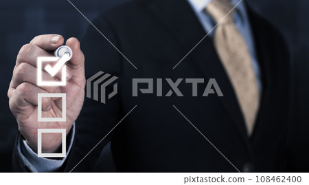 Businessman use pen to tick correct sign mark in checkbox for quality document control checklist and business approve project concept. Electronic smart checklist and document management 108462400