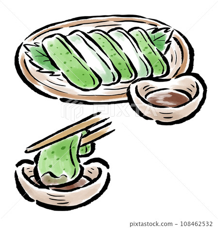 生魚片蒟蒻放在盤子上並沾醬的刷觸插圖 108462532
