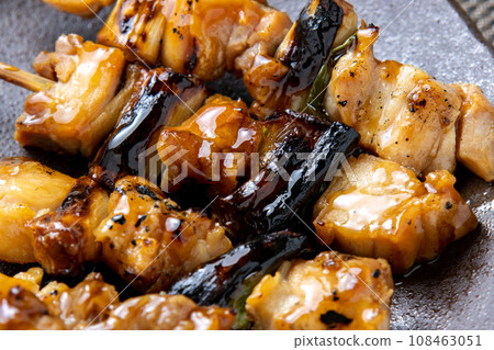 A close-up of the yakitori platter (momo and negima) with a focus on negima. 108463051
