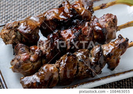 Yakitori, liver (chicken liver) skewers grilled with sauce. Yakitori, liver (chicken liver) skewers grilled with sauce. 108463055