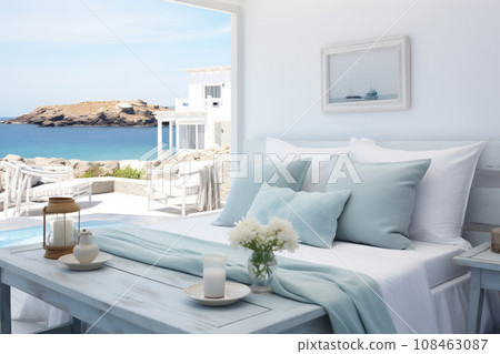 Luxury contemporary outdoor wooden patio with swimming pool and sea view. 108463087