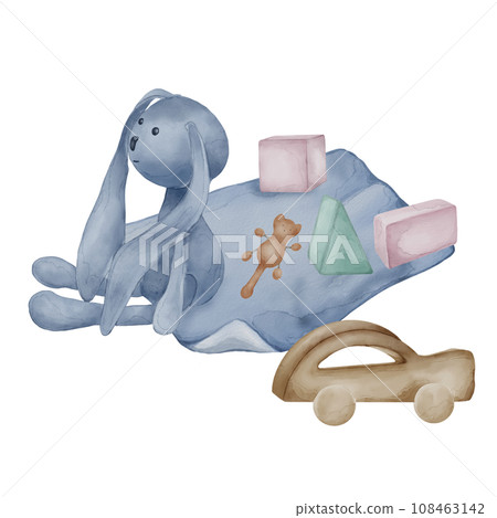 Illustration with toys on baby blanket neutral colors isolated on white background. Hand drawn soft hare in pastel shades. Painted wooden toy car. Element for card, newborn invitation, poster Illustration with toys on baby blanket neutral colors isolated on white background. Hand drawn soft hare in pastel shades. Painted wooden toy car. Element for card, newborn invitation, poster 108463142