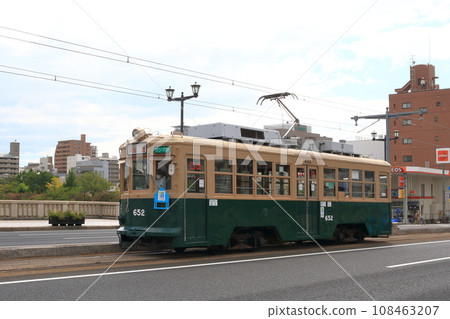 A-bombed train No. 652 of Hiroshima Electric Railway running in Hiroshima City A-bombed train No. 652 of Hiroshima Electric Railway running in Hiroshima City 108463207