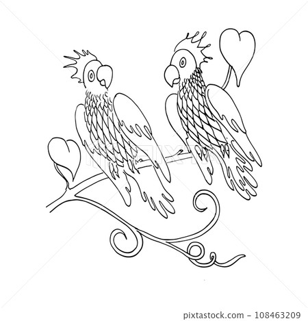 Two parrots logo vector on a branch drawing Two parrots logo vector on a branch drawing 108463209