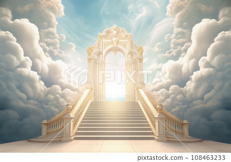 Stairway to Heaven. Stairs in sky. Concept with sun and white clouds. Concept Religion background 108463233