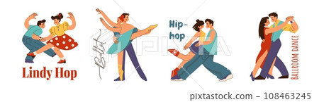 Couple dance. Man and woman dancers. Lindy Hop. Salsa and tango. Ballroom dancing. Latino rumba poster. Hip-hop pair. Cute ballerina. Vector choreographic studio cartoon banners set Couple dance. Man and woman dancers. Lindy Hop. Salsa and tango. Ballroom dancing. Latino rumba poster. Hip-hop pair. Cute ballerina. Vector choreographic studio cartoon banners set 108463245