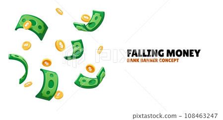 Falling money. 3d dollar, golden coins and green bill, sale sign, isolated golden cash render isolated on white elements, bank banner concept. Landing page template. Vector financial background Falling money. 3d dollar, golden coins and green bill, sale sign, isolated golden cash render isolated on white elements, bank banner concept. Landing page template. Vector financial background 108463247