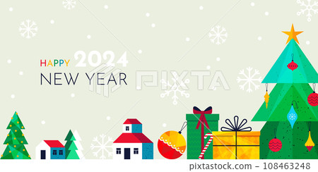 Xmas gift. Holiday background, modern pattern for greeting card with winter christmas traditional tree, snowflakes and wrapped gifts. Web banner. Vector illustration trendy geometric design 108463248