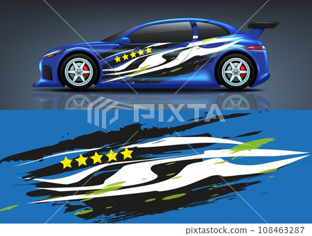 Race wrap. Rally vehicle design. Sport vehicle. Decal brand sticker. Camo auto mockup. Automobile identity. Bright stripes and stars. Racing speed drive. Paint strokes. Vector background 108463287