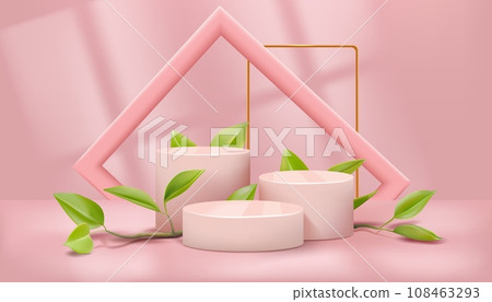 Pink podium. 3d background, product platform with geometrical frames and green leaves, stand or stage for eco product presentation, pastel studio display. Empty pedestal vector fashion render Pink podium. 3d background, product platform with geometrical frames and green leaves, stand or stage for eco product presentation, pastel studio display. Empty pedestal vector fashion render 108463293