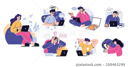 Freelance characters. Design work, computer or laptop, creative people at home, network, girl and boy in web, people in casual clothes. Room interior. Vector illustration, cartoon flat set Freelance characters. Design work, computer or laptop, creative people at home, network, girl and boy in web, people in casual clothes. Room interior. Vector illustration, cartoon flat set 108463299