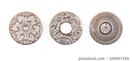 Group of three metal sewing clothing buttons isolated on white background Group of three metal sewing clothing buttons isolated on white background 108463369