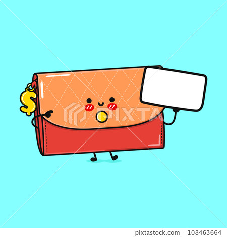 Cute funny Women wallet with poster. Vector hand drawn cartoon kawaii character illustration icon. Isolated on blue background. Women wallet think concept 108463664