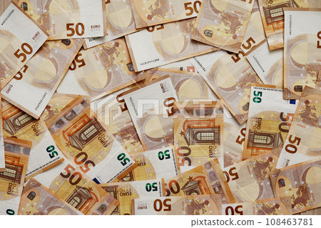 background of banknotes 50 euros beautifully laid out. Euro money. European Union banking, financial savings. concept of economy. banks, money, wealth, finance and business success. 108463781