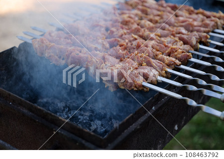 Grilled kebab cooking on metal skewers, grill. Roasted marinated meat in spices cooks at barbecue with smoke. Traditional eastern dish, shish kebab. Grill on charcoal and flame, picnic, street food Grilled kebab cooking on metal skewers, grill. Roasted marinated meat in spices cooks at barbecue with smoke. Traditional eastern dish, shish kebab. Grill on charcoal and flame, picnic, street food 108463792