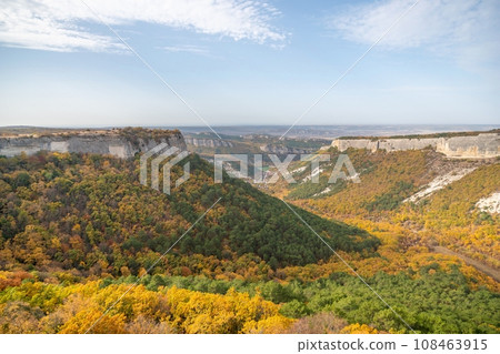 The autumn landscape of the mountain valley is an amazing, beautiful place at any time of the year. Hiking. Nature 108463915