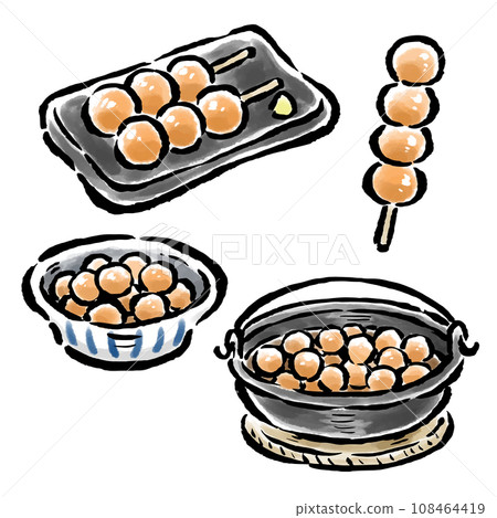 畫筆描繪的魔芋串在串上、放在盤子裡、在陶罐裡燉的樣子 108464419