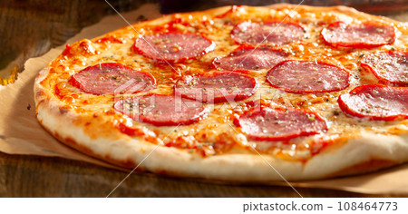 Tasty fresh baked pizza with salami and spices. 108464773