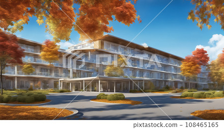 A modern building surrounded by autumn leaves 108465165