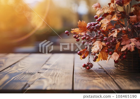 Wooden Table with a Berry Arrangement Backlit by the Sun, Autumn Atmosphere, Copy Space 108465190