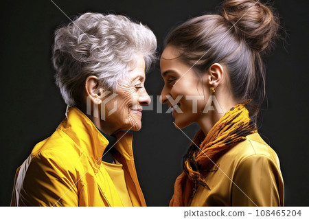 Old woman with short gray hair and young woman with a bun standing closely, smiling into each other's eyes Old woman with short gray hair and young woman with a bun standing closely, smiling into each other's eyes 108465204