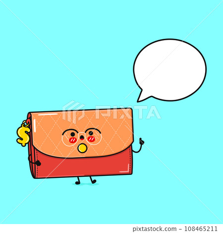 Wallet for women with speech bubble. Vector hand drawn cartoon kawaii character illustration icon. Isolated on blue background. Wallet for women character concept Wallet for women with speech bubble. Vector hand drawn cartoon kawaii character illustration icon. Isolated on blue background. Wallet for women character concept 108465211