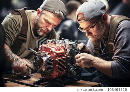Young bearded men with incorrectly worn peaked caps repair the engine of a pump Young bearded men with incorrectly worn peaked caps repair the engine of a pump 108465216