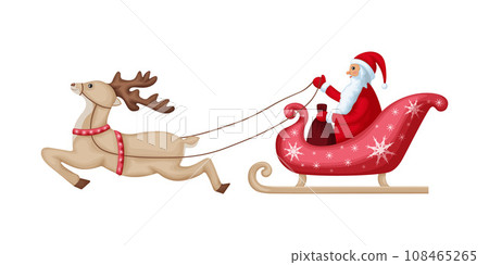 Santa Claus on a sleigh pulled by a deer. Sleigh with Santa Claus and a deer. Cute Christmas illustration in cartoon style. New Year s illustration on a white background. Vector 108465265