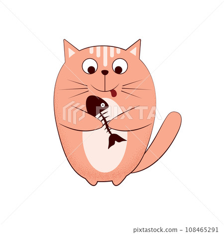 Cartoon cat with fish. Cute cartoon cat with a skeleton of a fish in its paws. Children s illustration with a cartoon-style cat. Vector illustration isolated on a white background 108465291