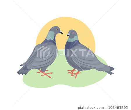 Pigeons. Two pigeons look at each other. Pigeon and dove-dove on the background of the rising sun. Urban birds. Vector illustration on a white background 108465295