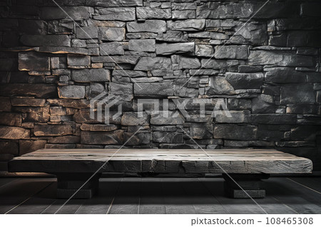 Simple Rustic Stone Bench in front of a Rough-Hewn Wall of Gray Sandstone with Local Red Lighting, Background, Texture, Pattern Simple Rustic Stone Bench in front of a Rough-Hewn Wall of Gray Sandstone with Local Red Lighting, Background, Texture, Pattern 108465308